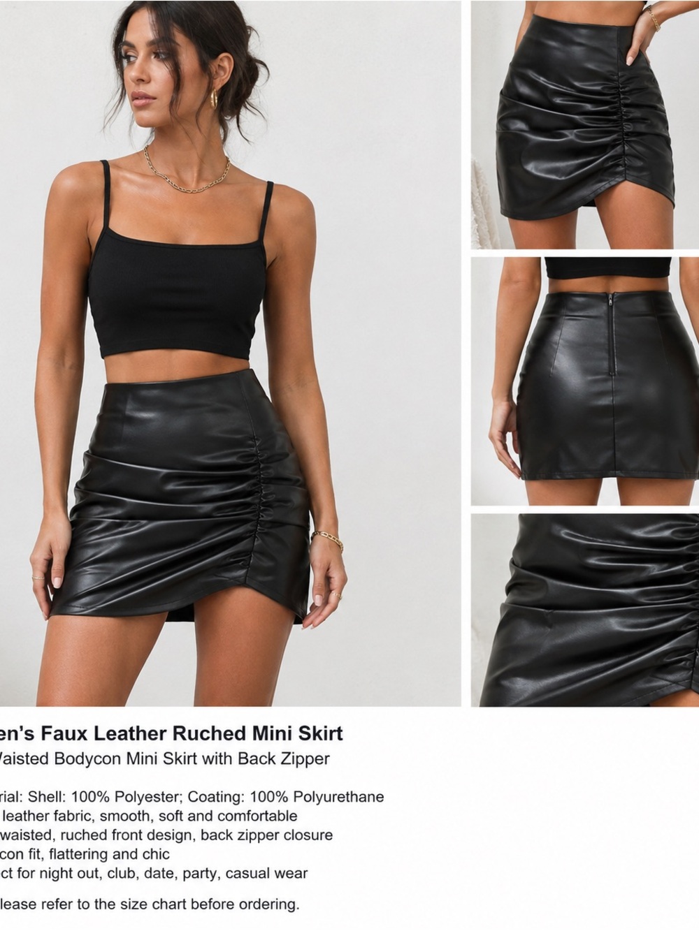 Faux Leather Ruched Black Mini Skirt